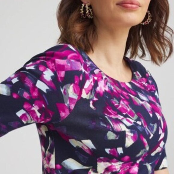 NWT Chicos Sz 2 L Abstract Pima Cotton Bateau Neck Boatneck Tee Elbow Sleeves SS - Picture 1 of 8